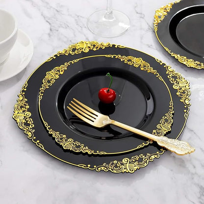 Hioasis 175pcs Black and Gold Plates - Black Party Plates for 25 Guest, Include 50 Heavy-duty Plates(20% Thicker Than Standard), 75 Cutlery Set, 25 Napkin, 25 Cups
