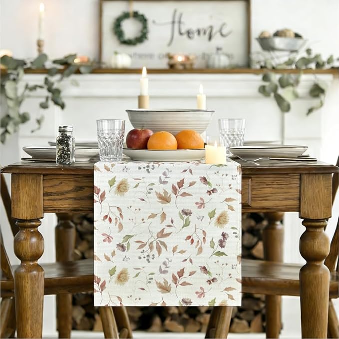 Floral Leaves Flower Table Runner, Wild Flowers and Leaves Seasonal Decor | - Image 3