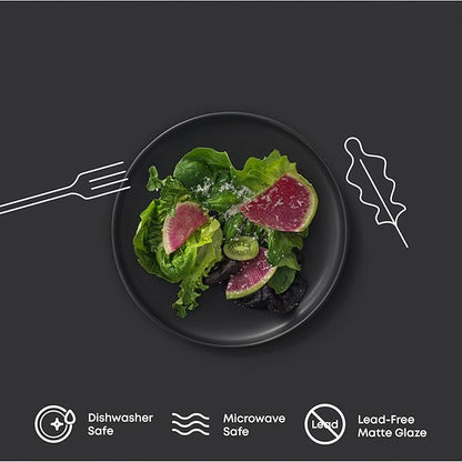 JoyJolt Mesa Stoneware Salad Plates, 8" Round Lunch Plates, Dishwasher and Microwave Safe Plate Set of 6, Modern Rustic Dinnerware, Appetizer Dessert or Dinner Sides Kitchen Dishes - Matte Black