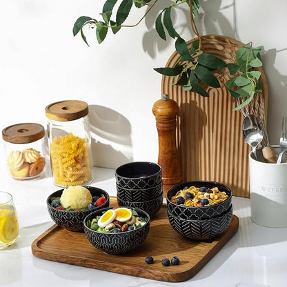 Sureasy Ceramic Ice Cream Bowls, 12oz Embossed Dessert Bowls Set, 4.6 Inch Stoneware Small Bowls for Snack, Sauce, Fruits, Microwave and Dishwasher Safe, Set of 4, Black