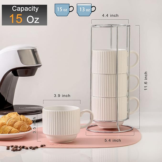 HASENSE 15 oz Ribbed Stackable Coffee Mug Set of 4, Porcelain Latte Cups - Image 3