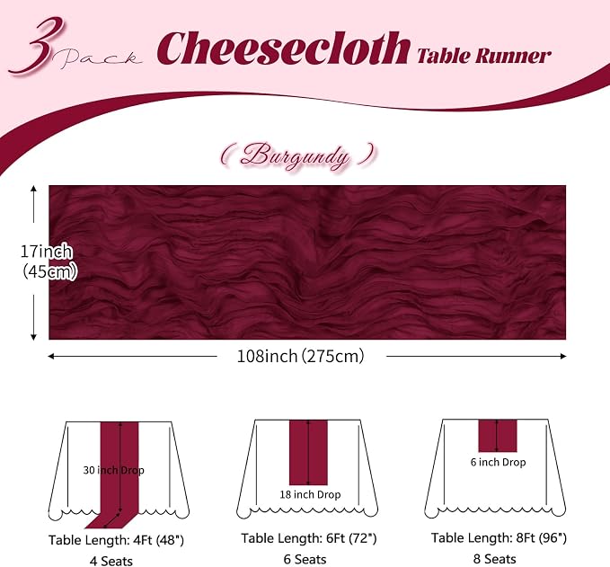 3 Pack Burgundy Cheesecloth Table Runner, 17 x 108 inch, Semi Sheer Boho Cheese - Image 3