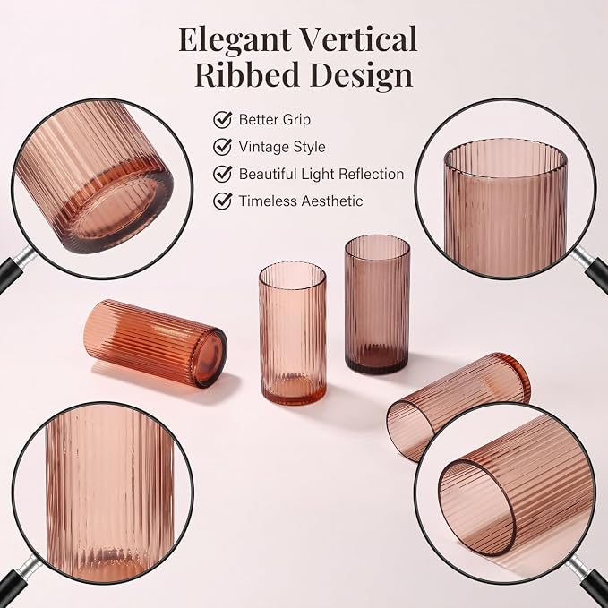 Physkoa 6 Piece 16oz Brown Ribbed Glassware Set | Vintage Drinking Glasses in - Image 2