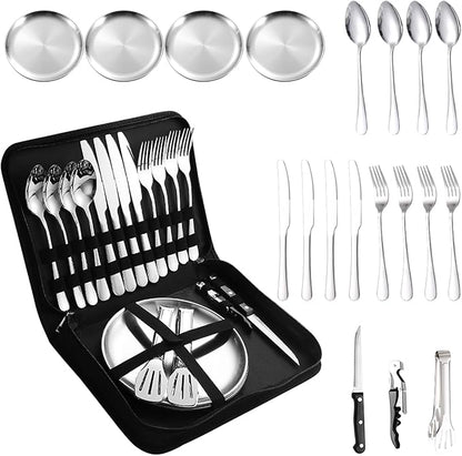 Camping Silverware Silver Picnic Plates and Utensils Set for 4 Portable Tableware Stainless Steel Dinnerware 20 Pieces With Organizer Bag Reusable Durable