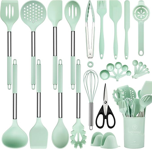 Silicone Kitchen Utensils Set, 28 Pcs Cooking Utensils Set 446°F Heat Resistant Spatula Set, Food Grade Silicone and Stainless Steel Handle Kitchen Gadgets for Nonstick Cookware BPA Free