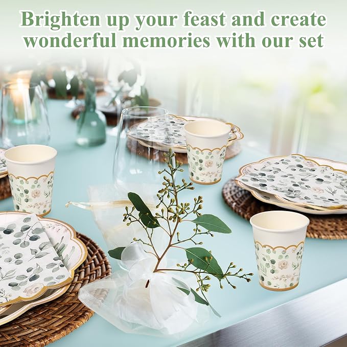 Funnymoom 250 Pcs Sage Green Color Party Decorations Eucalyptus Greenery Plates - Image 5