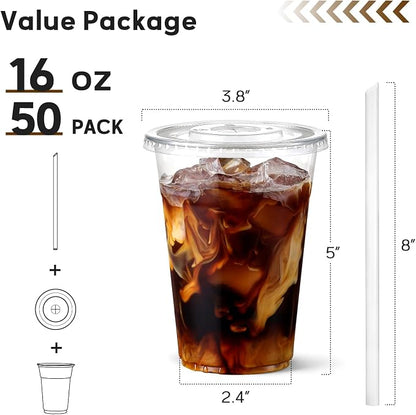 AOZITA 16 oz Plastic Cups with Lids and Straws, 50 Pack, Disposable Iced Coffee - Image 2