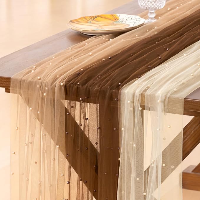 Pearl Table Runner Fall Mix&Match Tulle Gauze Sheer Wedding Decor | Brown Nude - Image 2
