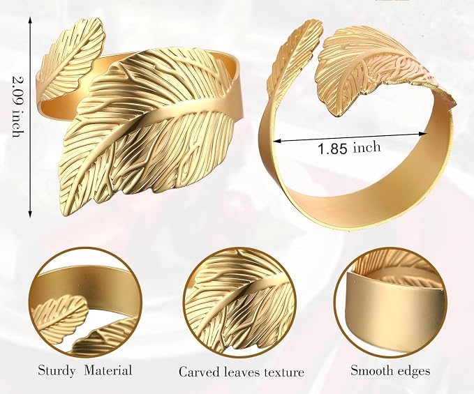 14K Gold Napkin Rings Set of 12, Metal Leaf Gold Napkins Rings Holder Buckles - Image 4