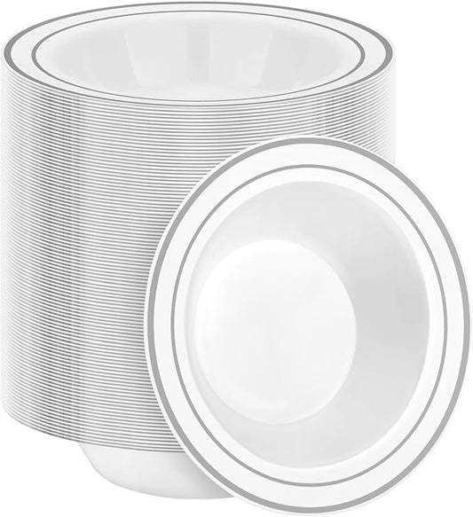 BESTSTAR 200 Pack Disposable Soup Bowls with Silver Rim, 12oz Premium Heavy Duty Plastic Dinner Bowls for Party, Wedding and Holiday