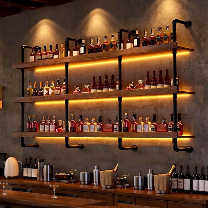 Large Wine Rack with LED Light Solid Wood Wall Mounted Wine Rack, 3-Tiers Liquor Bottles Floating Shelves Display Storage Organizer for Home Bar & Dining Room (120cm/47.2in)