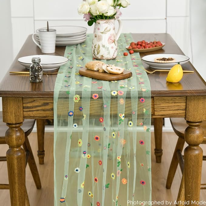 Artoid Mode Sage Green Embroidery Daisy Gauze Table Runner 120 Inch 10FT | - Image 2