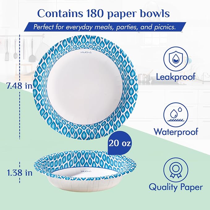 MUCHII 20 Oz Paper Bowls 180 Count Disposable Bowls, Printed Soak Proof Large - Image 3