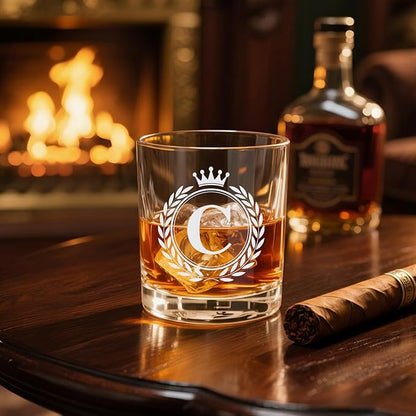 Whiskey Glasses - Rocks Old Fashioned Glass Gifts for Men, Monogrammed A-Z 10oz Personalized Whisky Glasses, Christmas Birthday Gifts for Men Him Dad Father Husband Brother Son (C)