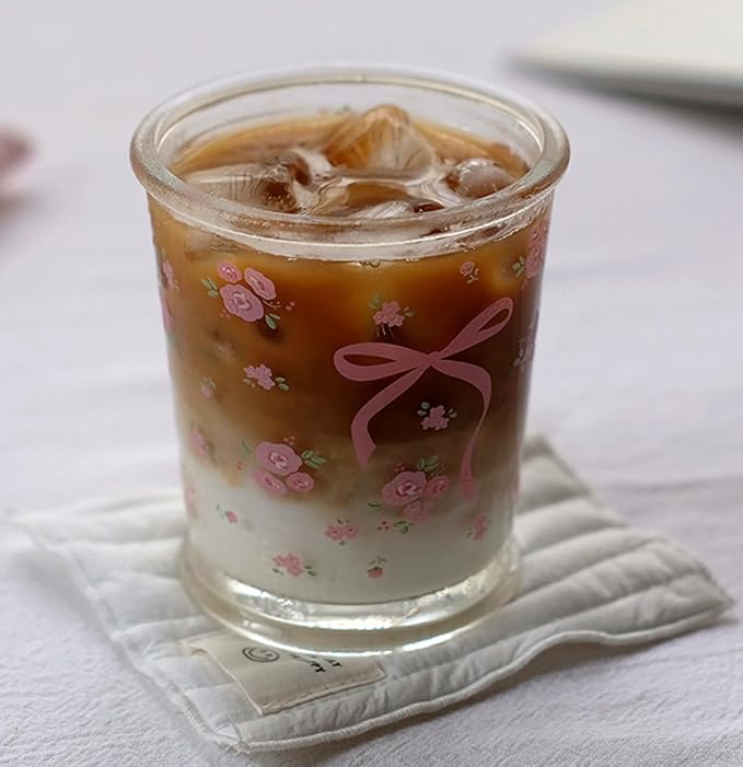2 Pack 12 OZ Cute Floral Glass Cup French Drinking Glasses | Thick Sturdy/Clear - Image 2