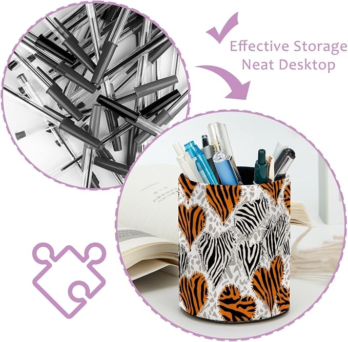 Leather Pen Holder for Desk, Tiger Zebra Print Pencil Cup Pen Organizer Makeup - Image 4