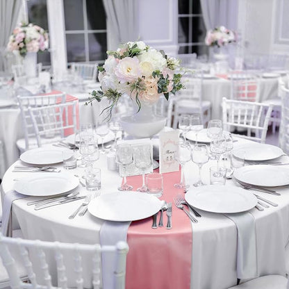 Queekay 24 Pcs 84'' Round Plastic Tablecloth Satin Runner Set, Rose Gold | 84'' - Image 6