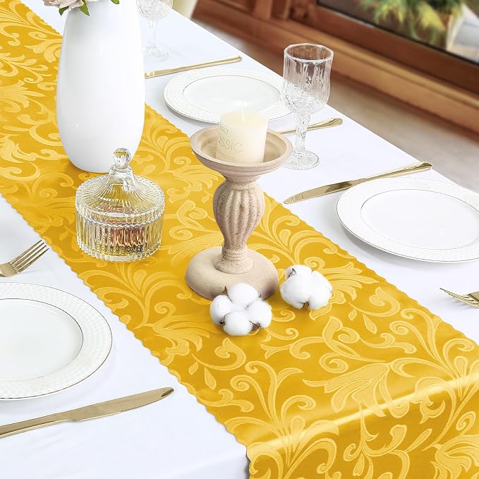 2 Pack Gold Damask Satin Table Runner 12 x 108 Inch | Bright Smooth Damask - Image 4