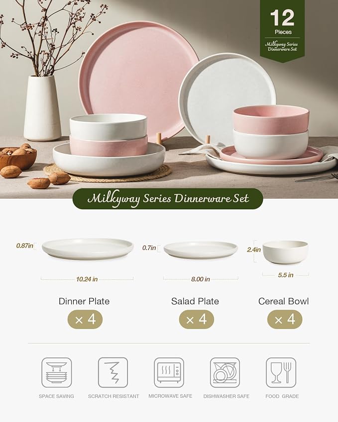 Famiware Milkyway 12-Piece Dinnerware Set, Matte Beige White & Light Pink | - Image 2