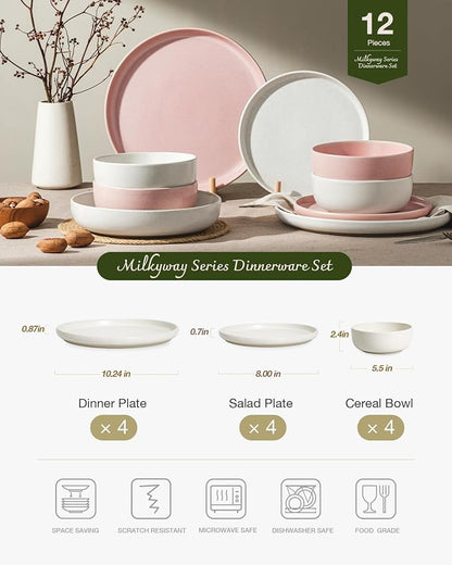Famiware Milkyway 12-Piece Dinnerware Set, Matte Beige White & Light Pink | - Image 2