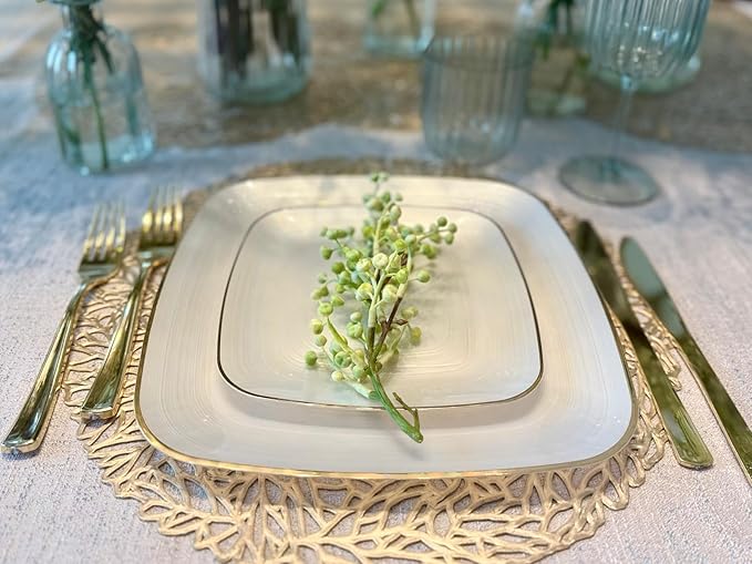 " OCCASIONS " 120 Pieces Pack,(60 Guests) Premium Wedding Party Disposable Plastic Plates Set -60 x 10'' Dinner + 60 x 7'' Salad/Dessert (Belize Square in Ivory & Gold)