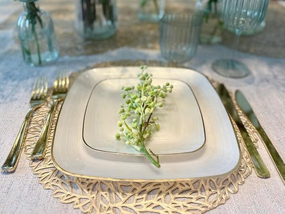 " OCCASIONS " 100 Plates Pack,(50 Guests) Premium Wedding Party Disposable Plastic Plates Set -50 x 10'' Dinner + 50 x 7'' Salad/Dessert (Belize Square in Ivory & Gold)
