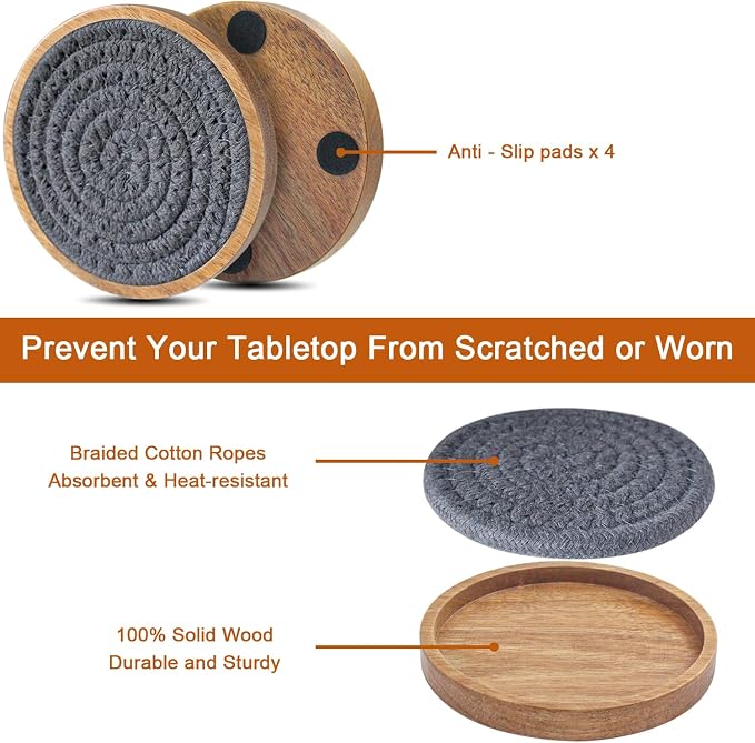 Wood Coasters for Drinks, Eykao Absorbent Coaster Sets of 8, Woven Drink - Image 5