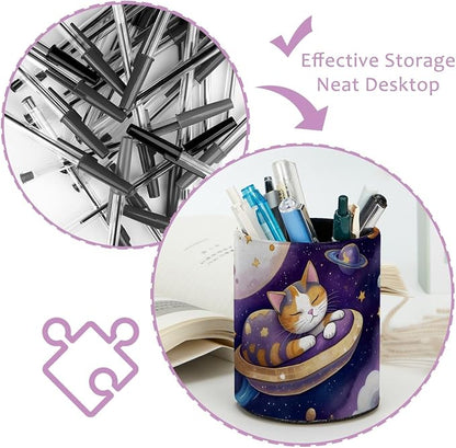 Leather Pen Holder for Desk, Planet Cat Pencil Cup Pen Organizer Makeup Brush - Image 4