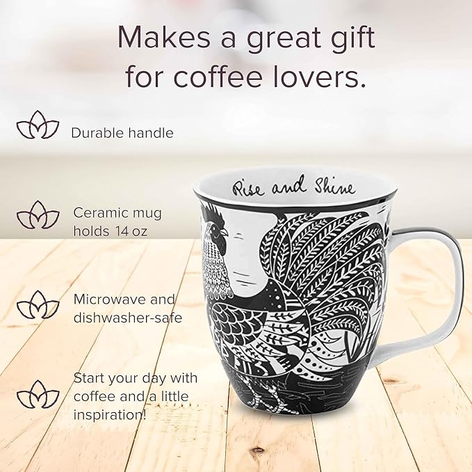Karma Gifts 14 oz Black and White Boho Mug Rooster - Image 2