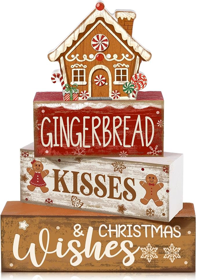 Moucuny 4 Pcs Christmas Table Decoration Gingerbread House Wooden Stacked Block by Moucuny