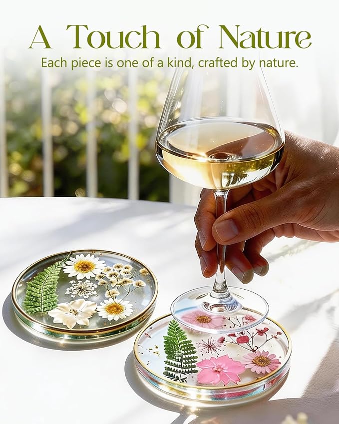Oqplog Resin Drink Coasters for Desk Coffee Table-Pink&White Dried Flowers - Image 3