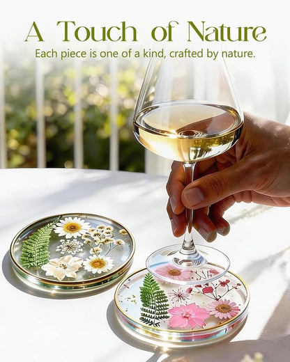 Oqplog Resin Drink Coasters for Desk Coffee Table-Pink&White Dried Flowers - Image 3