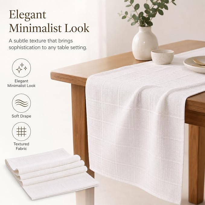White Table Runner, Linen-Look Fabric, Subtle Check Pattern, Dining & Coffee - Image 6
