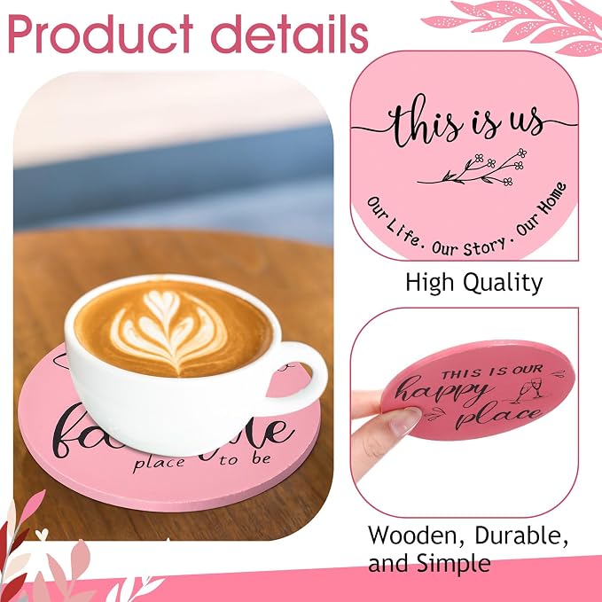 Queekay Coasters Set of 6 House Warming Gifts New Home Wooden Farmhouse Drink - Image 3