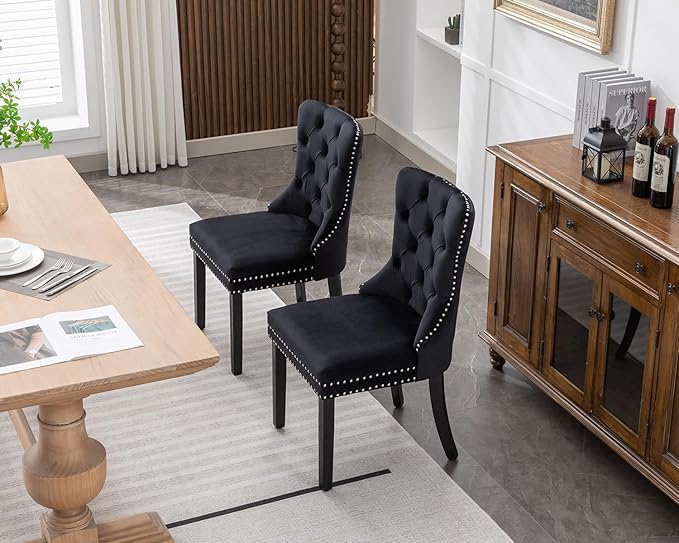 KCC Velvet Dining Chairs Set of 2, Upholstered High-end Tufted Dining Room Chair with Nailhead Back Ring Pull Trim Solid Wood Legs, Nikki Collection Modern Style for Kitchen, Black