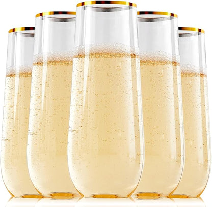 FOCUSLINE 24 Pack 9 Oz Plastic Stemless Gold Rim Champagne Flutes, Heavy Duty by FOCUSLINE