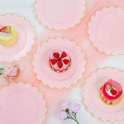LIYH 100 Pcs 7.5" Pink Plastic Plates with Gold Disposable Pink Dessert Plates Gold Plastic Plate,Baby Shower Plate Set Suitable for Weddings Bridal Showers Afternoon Tea Valentine's Day Mother's Day