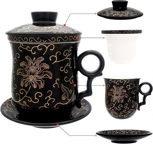 Porcelain Tea Cup with Infuser Lid and Saucer Sets by Unknown
