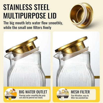 4 Pack 2 Liter/68 oz Square Glass Pitcher with Lid, Classic Stripes Water Pitchers with Handle for Fridge, Large Jug for Iced Tea, Coffee, Borosilicate Glass Carafe for Hot/Cold Brew Drink, Gold