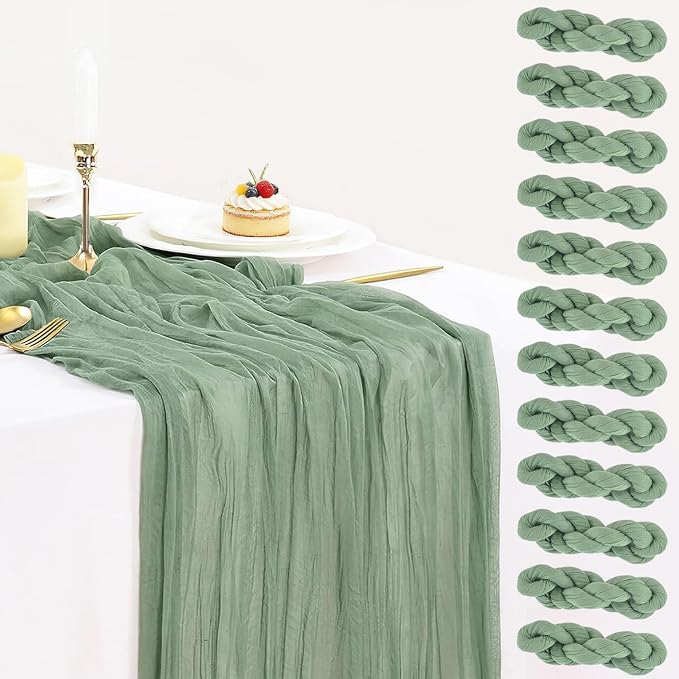 10 Pack Sage Green Cheesecloth Table Runner 35x120 Inch, Boho 10FT Cheese Cloth by BlueTopCoLtd