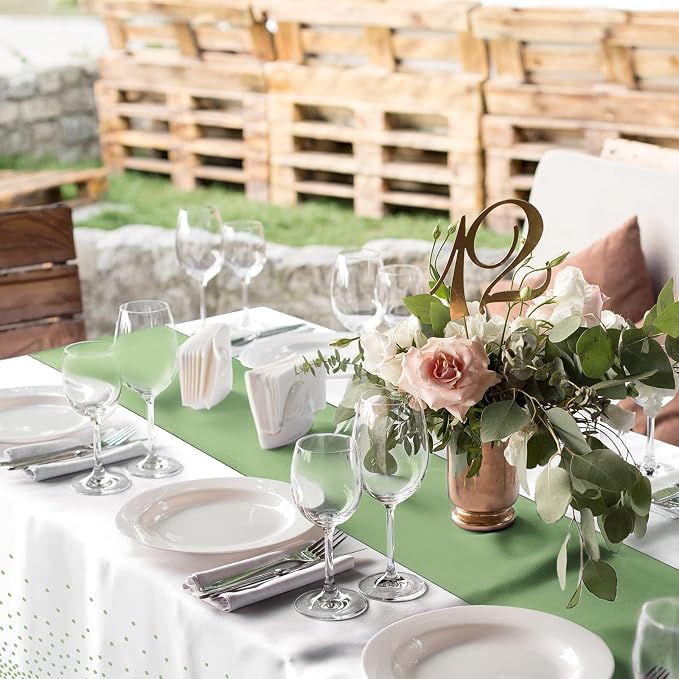 16Pack Plastic Tablecloths and Satin Table Runner Set Disposable White and Sage - Image 4
