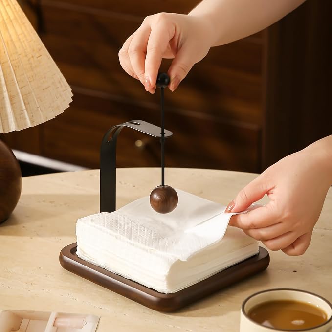 Napkin Holder with Wooden Base and Black Metal Frame, Modern Style - Image 5