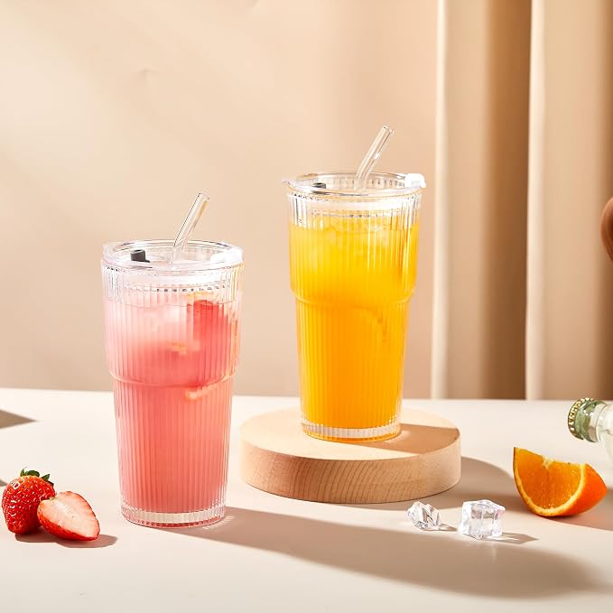 Wells 20oz Glass Cups with Lids and Straws, Ribbed Iced Coffee Cups, Thickened - Image 9