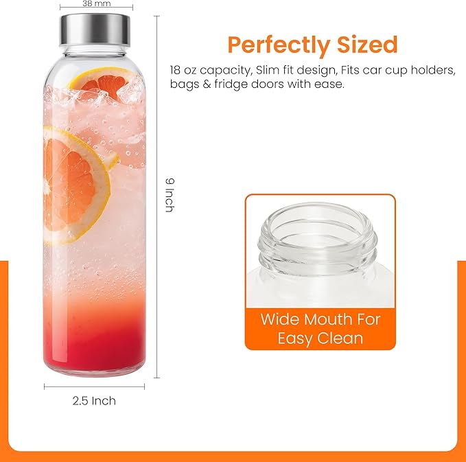 Epica Clear Glass Bottles with Lids, 17.5 oz Water Bottles, and Store Juices - Image 7