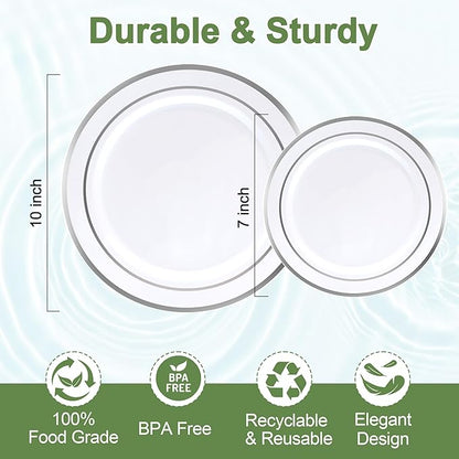 60 PCS Silver Plastic Plates, Silver Disposable Party Plates, Premium Christmas Plastic Plate Include 30 Dinner Platos 10'' and 30 Dessert Platos 7'' Perfect for Birthday, Christmas & Party