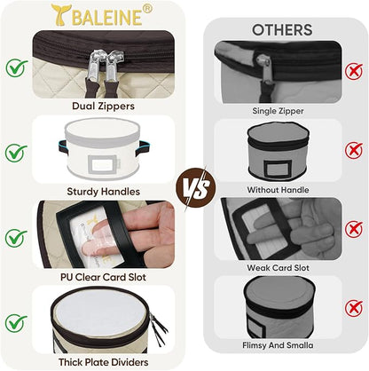 BALEINE China Storage Containers, Sturdy Quilted Wine Glass Storage, Plate Organizer with Carry Handles, Moving Boxes for Dishes, Cups, Mugs and Stemware (Plate Set, Soft Shell Cream)