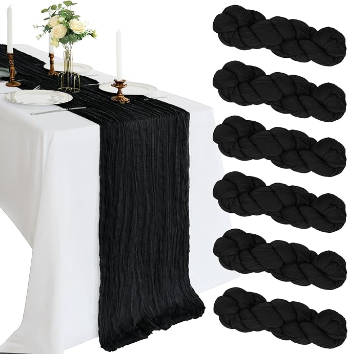 6 Pack 10Ft Black Cheesecloth Table Runner 23 x 120 Inch | Gauze Rustic Boho by CKIKU