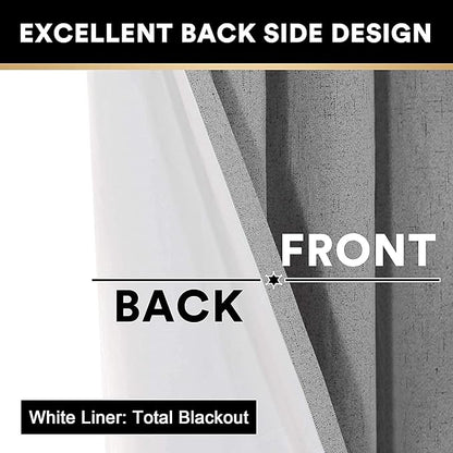 PrinceDeco 100% Blackout Curtains 64 inch Long 2 Panels,42" Wide,64" Length Energy Saving Curtains for Bedroom Living Room Grommet Blackout Linen Curtains with Thermal Insulated Liner,Light Grey
