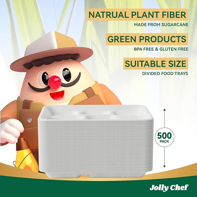 JOLLY CHEF Compostable 𝟱 Compartment Paper Plates 𝟭𝟭 * 𝟴 𝗶𝗻𝗰𝗵 [𝟱𝟬𝟬 𝗣𝗮𝗰𝗸] Heavy Duty White Divided Disposable Plate Eco-Friendly Biodegradable Food Trays for Party Lunch Dinner Christmas