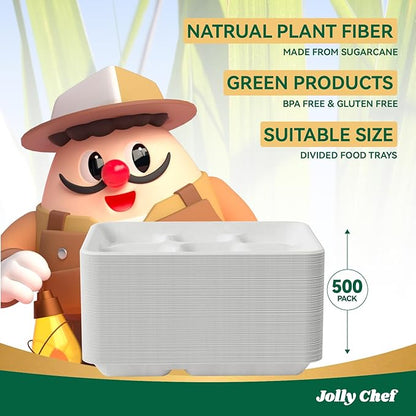 JOLLY CHEF Compostable 𝟱 Compartment Paper Plates 𝟭𝟭 * 𝟴 𝗶𝗻𝗰𝗵 [𝟱𝟬𝟬 𝗣𝗮𝗰𝗸] Heavy Duty White Divided Disposable Plate Eco-Friendly Biodegradable Food Trays for Party Lunch Dinner Christmas